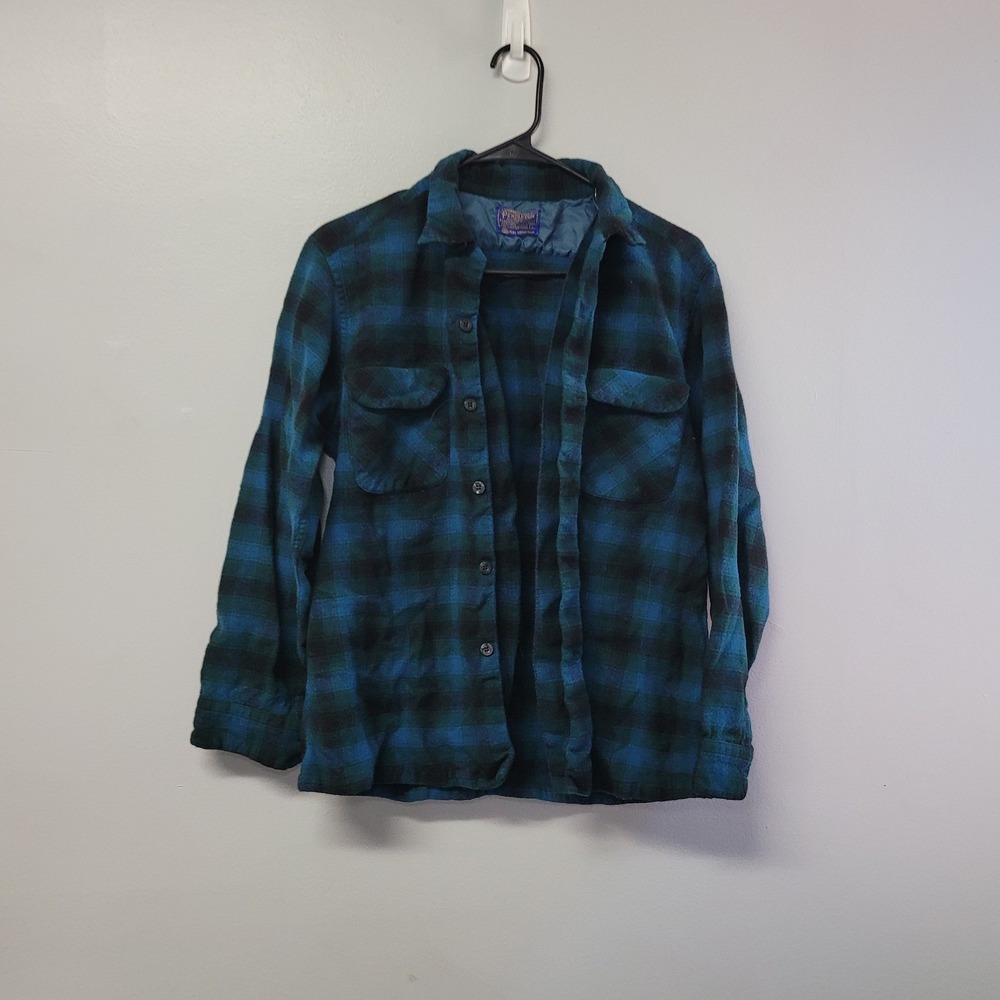 Pendleton Boys Large Wool Flannel Shirt Blue Green Plaid Board Shirt Vintage